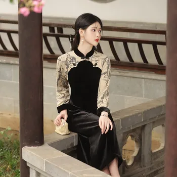 Mah, Razrezana Raglan Rokav Qipao Novi Kitajski Slog Black Ženske Seksi Slim Fit Elegantno Cheongsam Tradicionalno Kitajsko Obleko 0