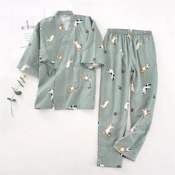 2PCS Japonski Ljubimec Oblačila Sklop Kawaii Cat Natisnjeni Kimono Yukata Paro Nosijo Pižamo Človek, Ženska, kopalni plašč Nightgown Japonska