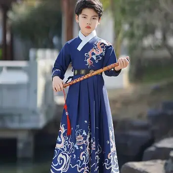 Modra Hanfu fant tanke Kitajske tradicionalne tiskane brocade oblačila z dolgimi rokavi vezenje Kitajski stil