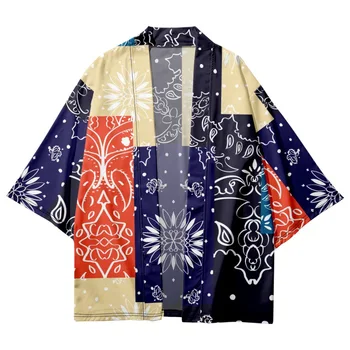 Moda Blue Print Kimono 2023 Poletne Moške 3/4 Rokav Japonski Tradicionalni Jopico Haori Ženske Harajuku Ulične Majica