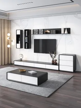Nordijska TV omarico, mizico kombinacija, moderna črna in bela velika dnevna soba, pohištvo, preprost tla in strop TV cab 0