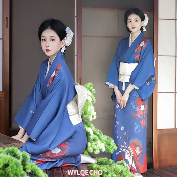 Japonski Tradicionalni Kimono Plašč Z Obi Tiskanja Cvet Zračen Obleke, Kopalke Ženske Ženske Gejša Haori Yukata Kimono Obleke Obleko 0