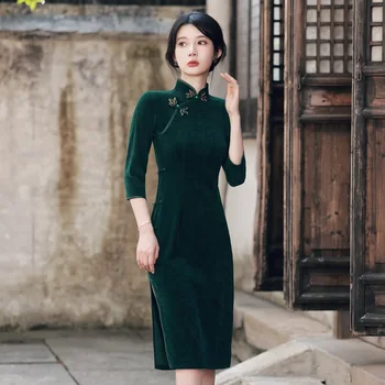 Yourqipao Kitajski Tradicionalni Jesenski Nov Slog Cheongsam Retro Izboljšano Eleganten Modni Brvi Uspešnosti Kostum Qipao Hanfu Obleko