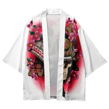 Risanka Lobanje Samurai Natisnjeni Beli Japonski Yukata Nekaj Žensk, Moških Kimono Jopico Plaža Hlače Priložnostne Azijskih Oblačila Harajuku