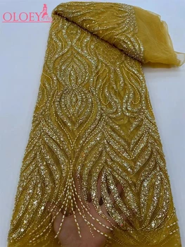 Modno Elegantna Francoski Vezenje Beaded Čipke Tkanine Afriške Nigerijski Z Bleščicami Tkanina Za Poročne Obleke
