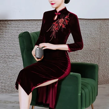 Plus Velikost Lepe Kroglice Cvet Cheongsam Klasično Eleganten Tradicionalno Kitajsko Obleko Žamet Dolgo Qipao Seksi Slim Split Vestidos