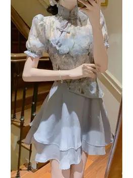 Kitajski Obleko Cheongsam Qipao Retro Izboljšano Modra Razdrobljena Cvet Chi-pao Otrok Poletje Cheongsam Elegantna ženska Oblačila