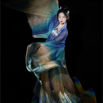 Tang Slogu Velikih sleeved Majico Gradient Natisnjeni Hezi Krilo Kitajski Slog Hanfu Oblačenja Noša, ki Opravljajo Obleko