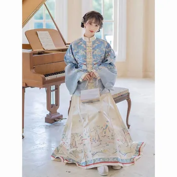 Dekle je Konj Obraz Krilo Hanfu Nastavite Elegantno Kitajski Slog Obleke Letnik Tiskanja Kostum Ženske Mandarin Collartang Oblačila Cosplay
