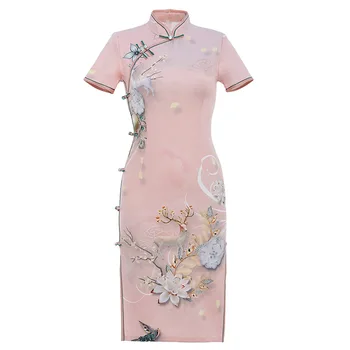 2023 Izboljšano Kitajski Slog Cheongsam Dnevno Cvetlični Obleko Elegantno Ženske Sredi Dolge Obleke Dekle Letnik Slim Qipao