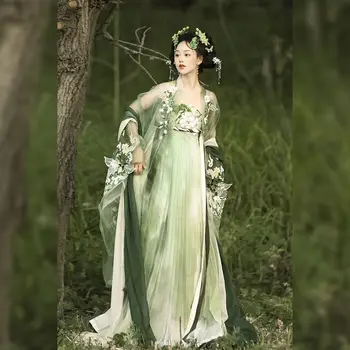 Poletje Polno Nastavite Vezenje Kezi Krilo Tang Dinastije zelena Hanfu Veliki Rokav Shirt Pravljice Krilo Tradicionalno Kitajsko Obleko za Ženske
