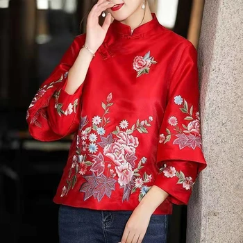 Jeseni Etnične Slog Tang Suknjič Letnik Harajuku Vezenje Kitajski Vrhovi Ženske Bluzo Eleganti Svoboden Ženska Majica Kitajski