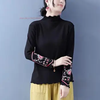 2024 tradicionalni kitajski vintage t-shirt nacionalni cvet vezenje retro hanfu stojalo ovratnik shirt orientalski tang bo ustrezala znanja majica