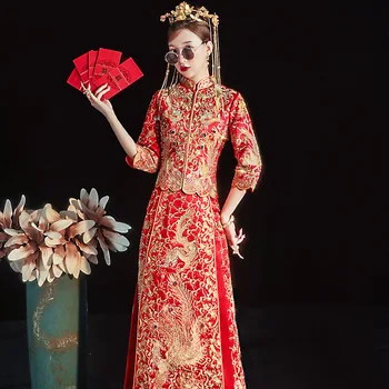 Yourqipao Xiuhe Kitajski Poročne Obleke Zmaj in Feniks Obleke Žensk Starodavne Kitajske Poročne obleke Cheongsam Prom Stranka Oblek