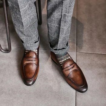 Moški letnik pravi usnjeni čevlji cowhide rjava loafers Priložnostne čevlji gospodje