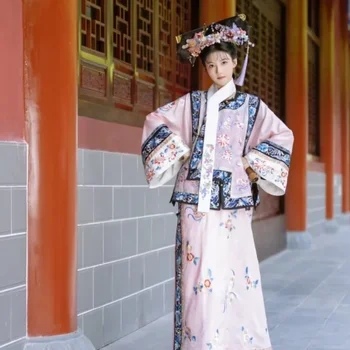 Dinastija Qing Princess Obleka Ženske Srčkan Roza Cvetlični Natisnjeni Starinske Obleke, TV Drama, Cosplay Kostume Kitajske Tang bo Ustrezala Vestidos