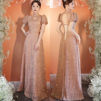 Sequins Cheongsam Princess Style Qipao Ženske Elegantne Backless Vestidos De Festa Kitajski Slog Slaven Slavnostna Obleka Obleke