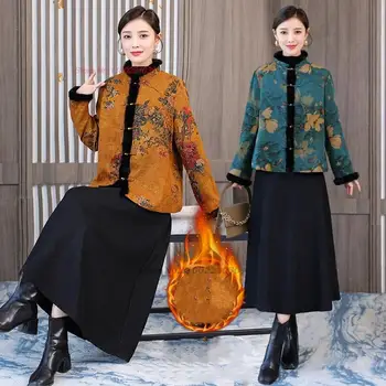 2024 kitajski nacionalni cvet tiskanja vintage plašč ženske, etnične bombaž-oblazinjeni suknjič retro tang obleko stojala za ovratnik zgostitev topel plašč