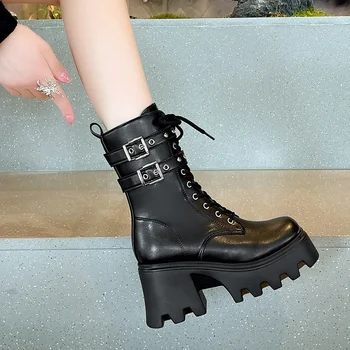 Dame Čevlji na Prodajo 2023 Visoko Kakovostne Zimske Zadrgo Trdne Moderne Čevlji Pu Čipke Krog Glave Punk Visoko Peto Ženske Škornji