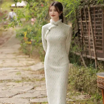 Jeseni, Pozimi Zadebelitev Puhasto Ovratnik Izboljšano Tradicionalnih Cheongsam Žensk, Starih Retro Kitajski Obleko Večer Zelena Qipao