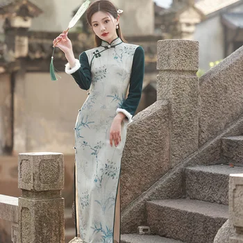 Jeseni, Pozimi Novo Vaflji Runo Izboljšano Retro Cheongsam Ženske Elegantne Umetnosti, ki se Oblikuje Rokav Kontrast Qipao Tradicionalno Obleko 0