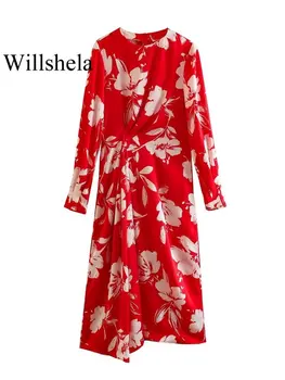 Willshela Ženske Modni Natisnjeni Naguban Nazaj Zadrgo Midi Dress Vintage O-Vratu Dolgimi Rokavi Ženske Elegancija Obleke Lady
