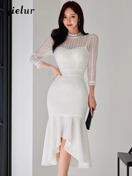 Jielur korejski Moda Obleko Chicly Elegantno Vitko in Seksi Čipke Ženske noše Pomlad Poletje Barva Lady Ogrlicom Šifon Obleke
