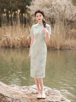 Tradicionalne Tiskane Jacquardske Šifon Kitajskih Žensk Qipao Poletje Retro Mandarin Ovratnik Cheongsam Večerno Obleko