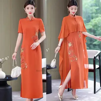 2024 kitajski letnik qipao obleko cheongsam nacionalni cvet vezenje obleko vestidos elegantno folk banket večerno obleko qipao