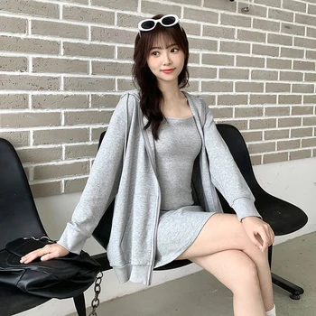 Korejska različica spomladi in jeseni mode priložnostne ženske dvodelne svoboden žensk povodcem obleko hooded suknjič zadrgo