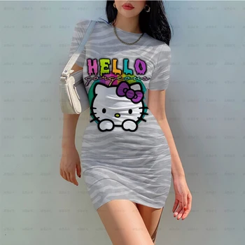 2023 Poletje Hello Kitty Seksi Obleko 3D Tiskanih Risanka Žensk Tesen Stretch Mini Obleka O Vratu Priložnostne Slim Svinčnik Kratek Vestido 0