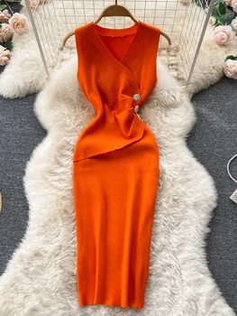 YuooMuoo Ženske Obleko Elegantno Vitek Pas Gumbi Design Kolena-dolžina Plesti Urad Dame Oblačenja korejski Vestidos 2022 Poletne Obleke