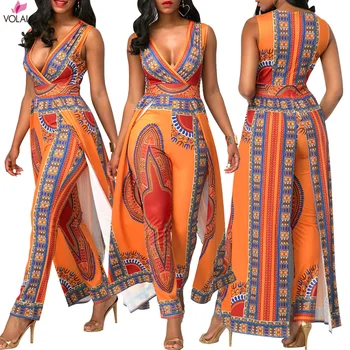 VOLALO Afriške Obleke za Ženske Modni Poletje Položaja Tiskanje Oranžna Etnične Hlače Dolge Jumpsuit Za Ženske Obleke