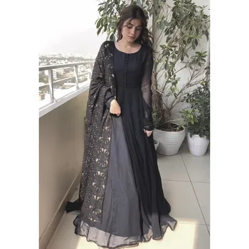 Črna Obleka Indijski Georgette Salwar Kameez Krog Vratu Dolgo Oplaščeni Pakistanski Oblačila