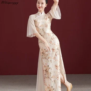 Kitajski Nacionalni Slog Klasični Ples Ples Elastična Cheongsam Ženske, Vitek, Elegantno Cvetlični Qipao Vintage Moda Obleko Ženski