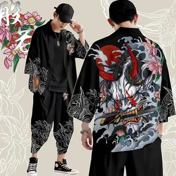 Japonska Tradicionalna Oblačila Demon, Ki Je Natisnjena Kimono Hlače Moški Retro Yukata Azijskih Moda Tang Bo Ustrezala Harajuku Hanfu Yukata Jakna