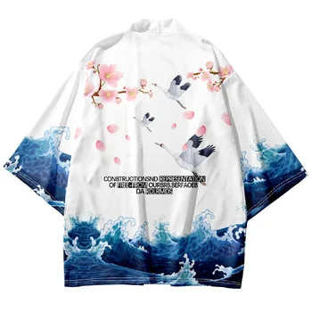 6XL 5XL 4XL Moda Kimono Yukata Moških Prevelik Vrhovi 2023 Plaži Kimono Sakura Žerjav Print Majica Haori