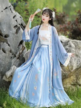 VODA Hanfu Obleke Kitajske Tradicionalne Starodavne Žensk Modre Pravljice Vezenje Fazi Ljudske Plesne Kostume Retro Song Dinastije Hanfu