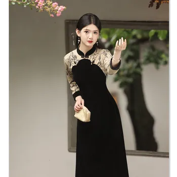 Mah, Razrezana Raglan Rokav Qipao Novi Kitajski Slog Black Ženske Seksi Slim Fit Elegantno Cheongsam Tradicionalno Kitajsko Obleko 1