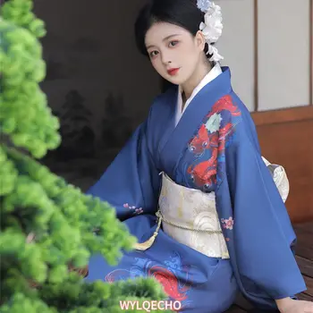 Japonski Tradicionalni Kimono Plašč Z Obi Tiskanja Cvet Zračen Obleke, Kopalke Ženske Ženske Gejša Haori Yukata Kimono Obleke Obleko 1