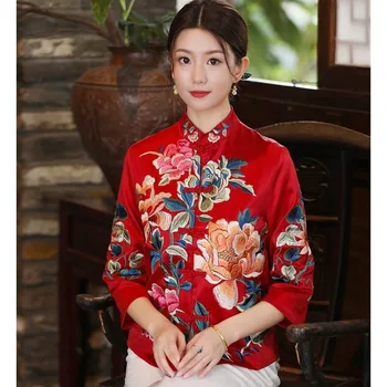 Etničnega Stila Vintage Harajuku Vezenje Kitajski Vrhovi Ženske 2023 Suknjič Eleganti Svoboden Bombaž Plašč Tang Bo Ustrezala Ženski Jeseni 1