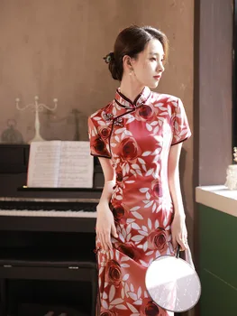 Poletje Elegantno Cvjetnim Tiskanja Kratek Rokav Gumb Qipao Kitajski Slog Saten Mandarin Ovratnik Cheongsam Vestidos 1