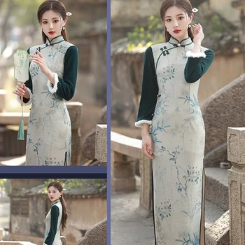 Jeseni, Pozimi Novo Vaflji Runo Izboljšano Retro Cheongsam Ženske Elegantne Umetnosti, ki se Oblikuje Rokav Kontrast Qipao Tradicionalno Obleko 1
