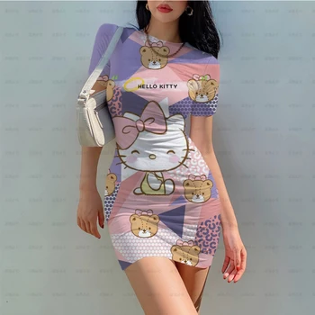 2023 Poletje Hello Kitty Seksi Obleko 3D Tiskanih Risanka Žensk Tesen Stretch Mini Obleka O Vratu Priložnostne Slim Svinčnik Kratek Vestido 1