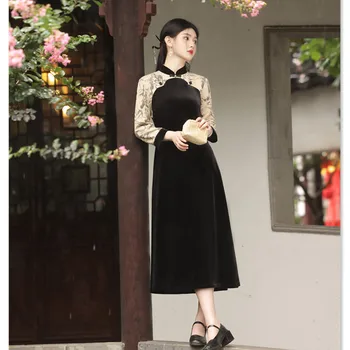 Mah, Razrezana Raglan Rokav Qipao Novi Kitajski Slog Black Ženske Seksi Slim Fit Elegantno Cheongsam Tradicionalno Kitajsko Obleko 2