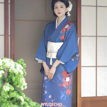 Japonski Tradicionalni Kimono Plašč Z Obi Tiskanja Cvet Zračen Obleke, Kopalke Ženske Ženske Gejša Haori Yukata Kimono Obleke Obleko 2