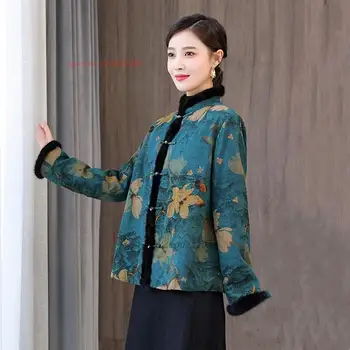 2024 kitajski nacionalni cvet tiskanja vintage plašč ženske, etnične bombaž-oblazinjeni suknjič retro tang obleko stojala za ovratnik zgostitev topel plašč 2