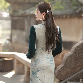 Jeseni, Pozimi Novo Vaflji Runo Izboljšano Retro Cheongsam Ženske Elegantne Umetnosti, ki se Oblikuje Rokav Kontrast Qipao Tradicionalno Obleko 2