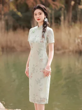 Tradicionalne Tiskane Jacquardske Šifon Kitajskih Žensk Qipao Poletje Retro Mandarin Ovratnik Cheongsam Večerno Obleko 2