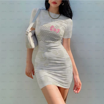 2023 Poletje Hello Kitty Seksi Obleko 3D Tiskanih Risanka Žensk Tesen Stretch Mini Obleka O Vratu Priložnostne Slim Svinčnik Kratek Vestido 2